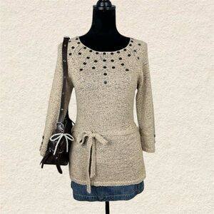 la boutique brown tan tunic ling sleeve top with waist tie
